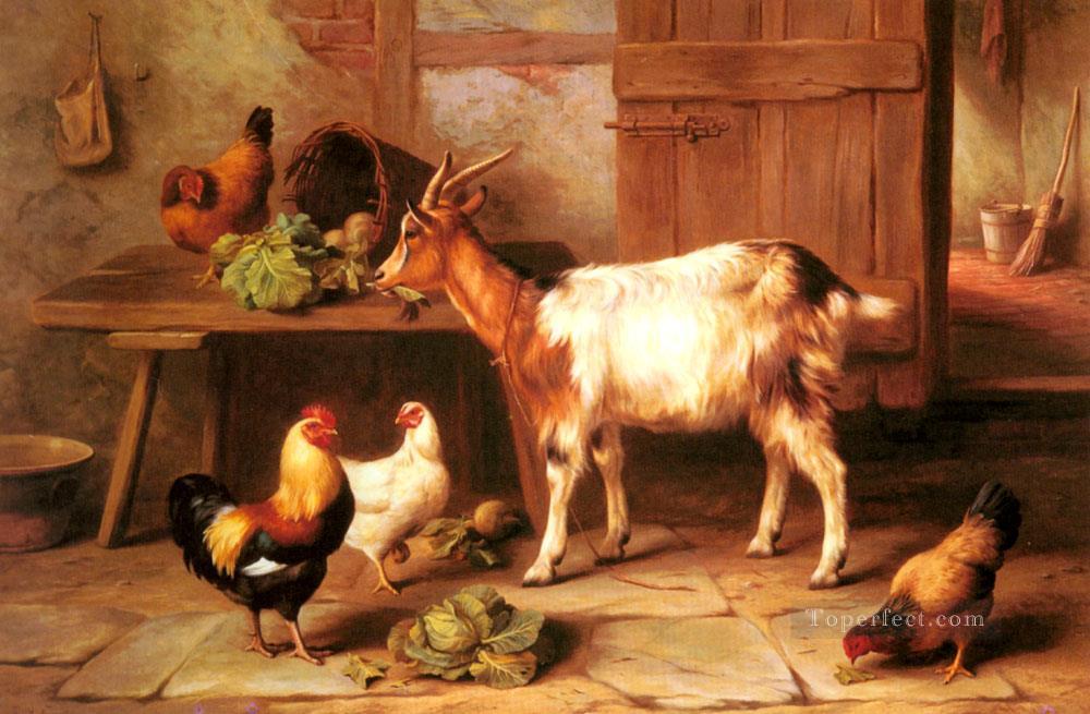 Ziege und Hühner Fütterung in einem Cottage Interior Bauernhof Tiere Edgar Hunt Ölgemälde